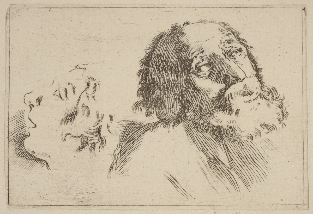 Study of Heads, One Turned to the Right and the Other Turned Left by Stefano della Bella, print, 1610-1664