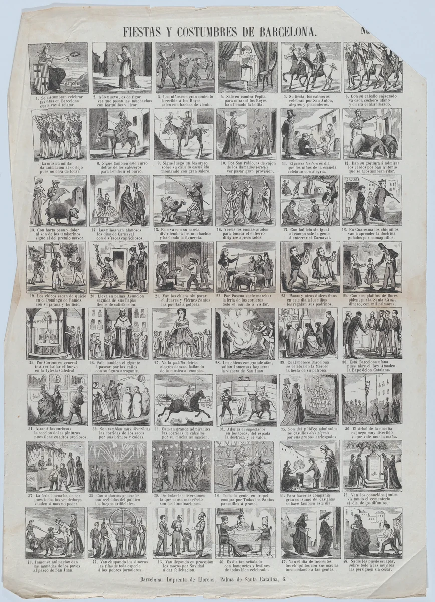 Broadside with 48 scenes depicting the celebrations and customs of Barcelona by Juan Llorens, print, 1855-1865