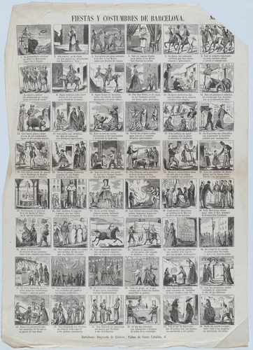 Broadside with 48 scenes depicting the celebrations and customs of Barcelona by Juan Llorens, print, 1855-1865