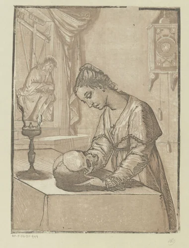 Vrouw met een schedel by Andrea Andreani, print, 1591