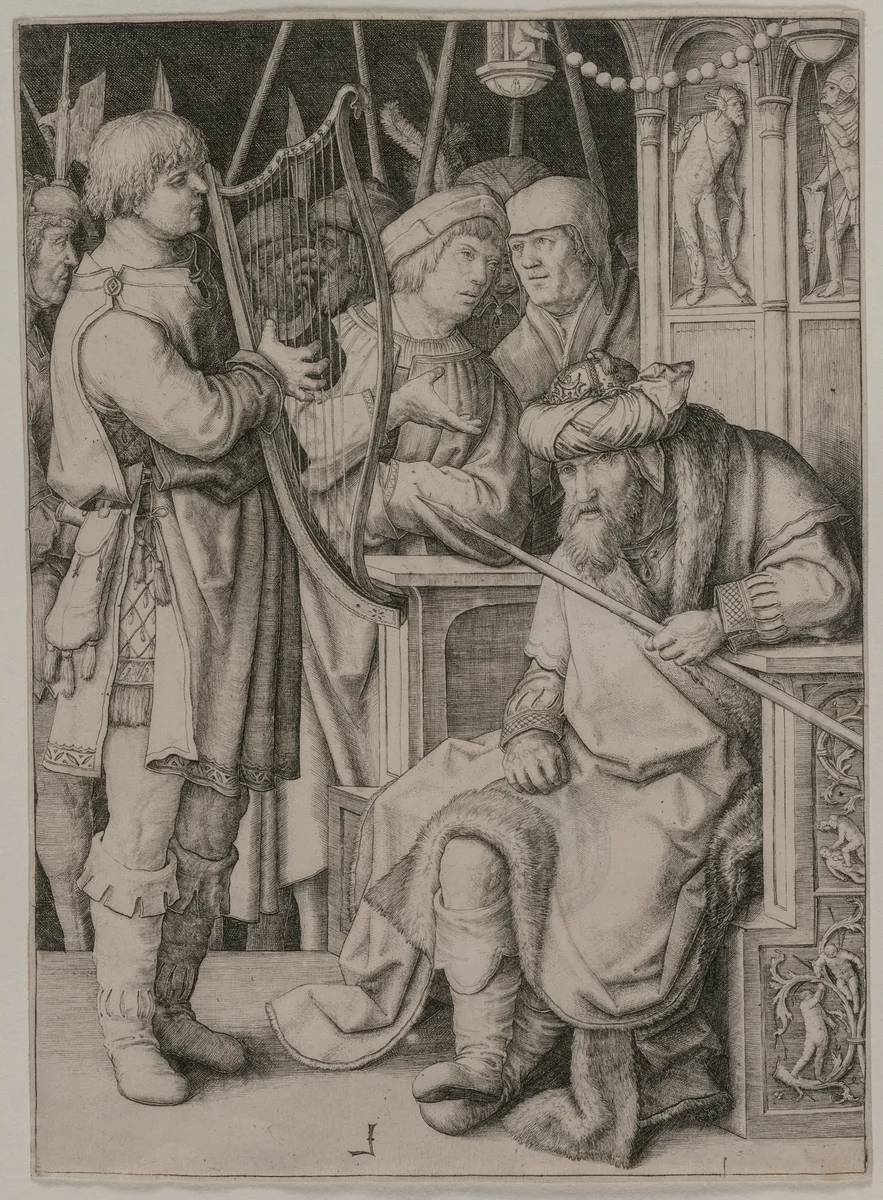 David Playing the Harp before Saul by Lucas van Leyden, print, 1503-1513