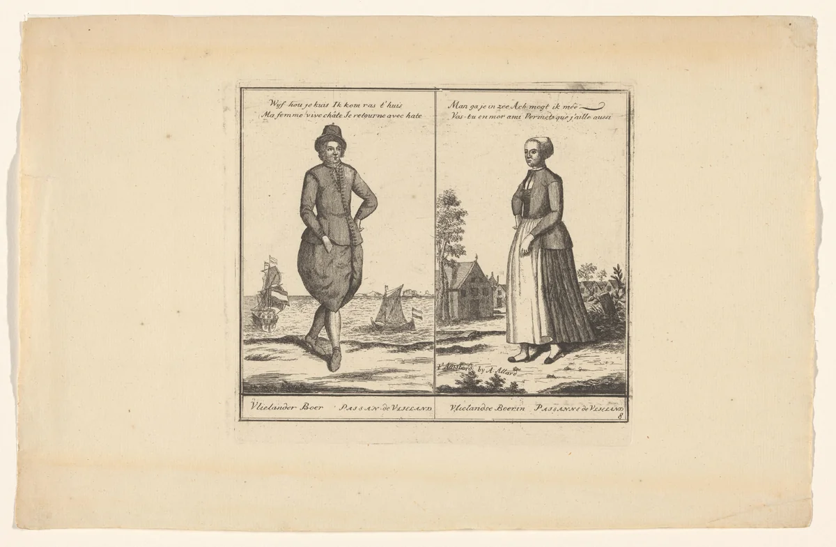 Vlielander boer en boerin by Abraham Allard, print, 1676-1725