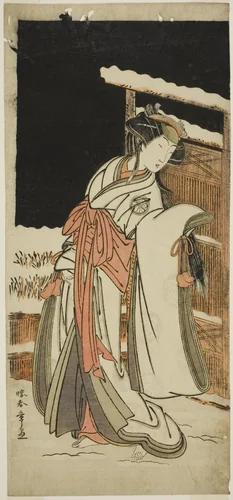 The Actor Segawa Kikunojo III as Lady Shizuka (Shizkua Gozen) Disguised as Tamazusa in the Play Chigo Torii Tobiiri Kitsune, Performed at the Ichimura Theater in the Eleventh Month, 1777 by Katsukawa Shunsho (勝川 春章), print, 1772-1782