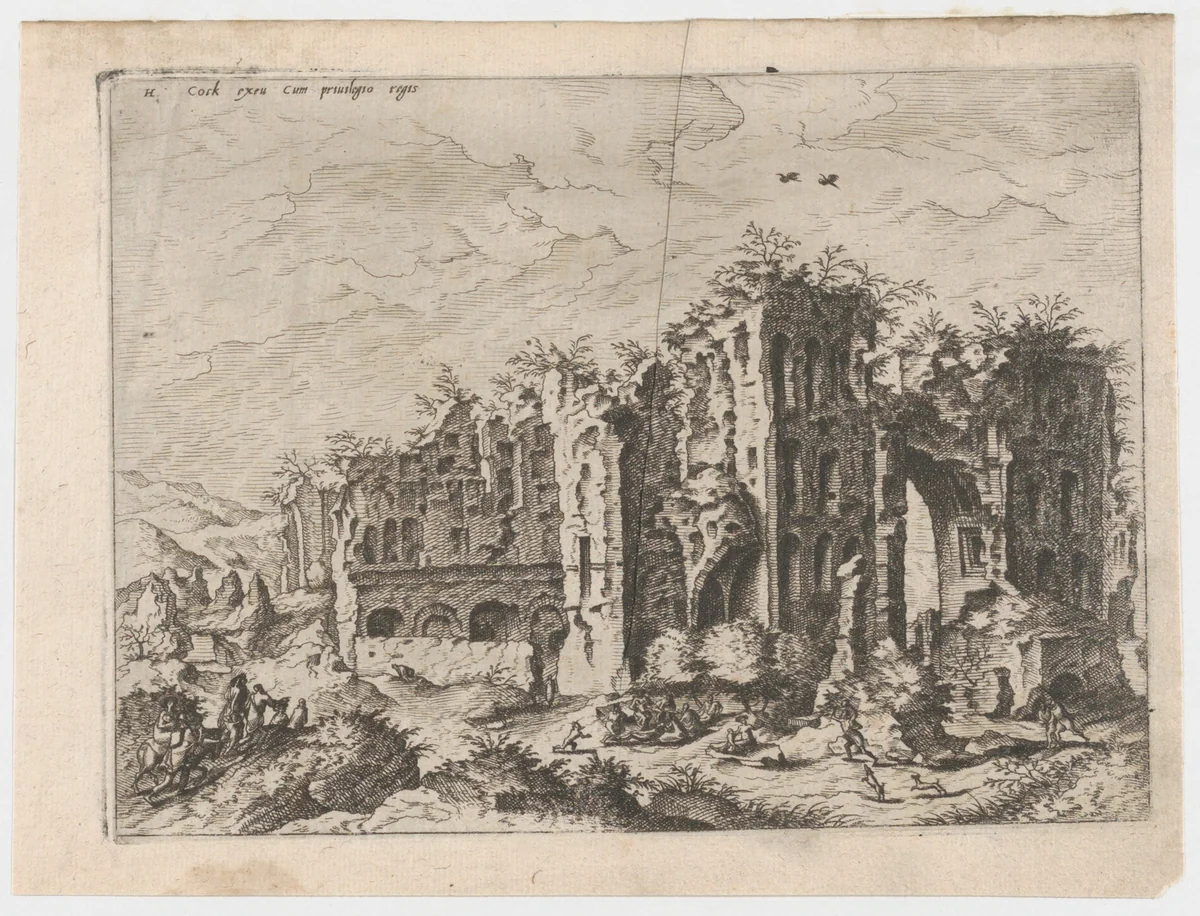 Massive Ruins with Many Figures in the Foreground, from "Roman Ruins and Buildings" by Johannes van Doetecum, print, 1562