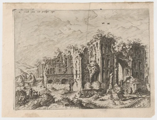 Massive Ruins with Many Figures in the Foreground, from "Roman Ruins and Buildings" by Johannes van Doetecum, print, 1562