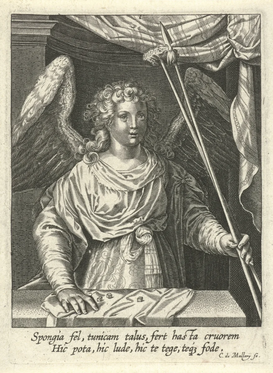 Engel met lans, spons en dobbelstenen by Unknown, print, 1581-1645