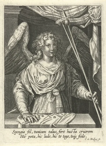 Engel met lans, spons en dobbelstenen by Unknown, print, 1581-1645