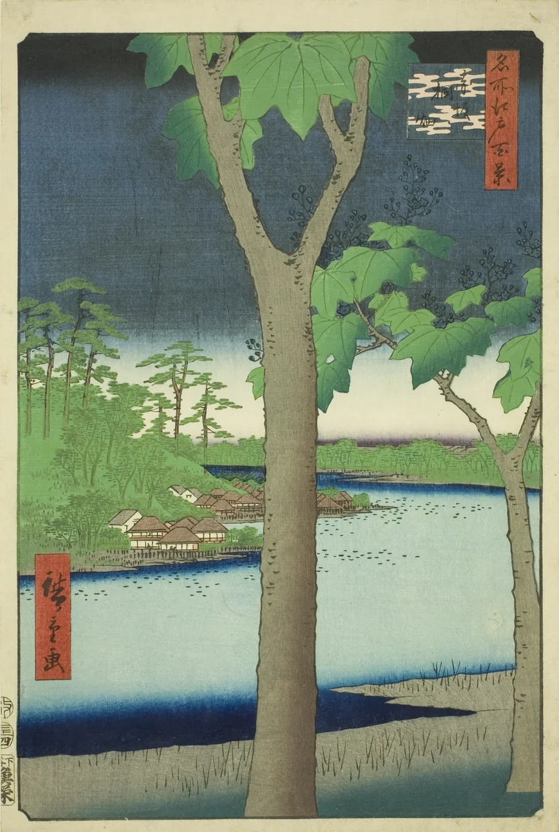 The Paulownia Grove at Akasaka (Akasaka Kiribatake), from the series "One Hundred Famous Views of Edo (Meisho Edo hyakkei)" by Utagawa Hiroshige (歌川広重), print, 1856