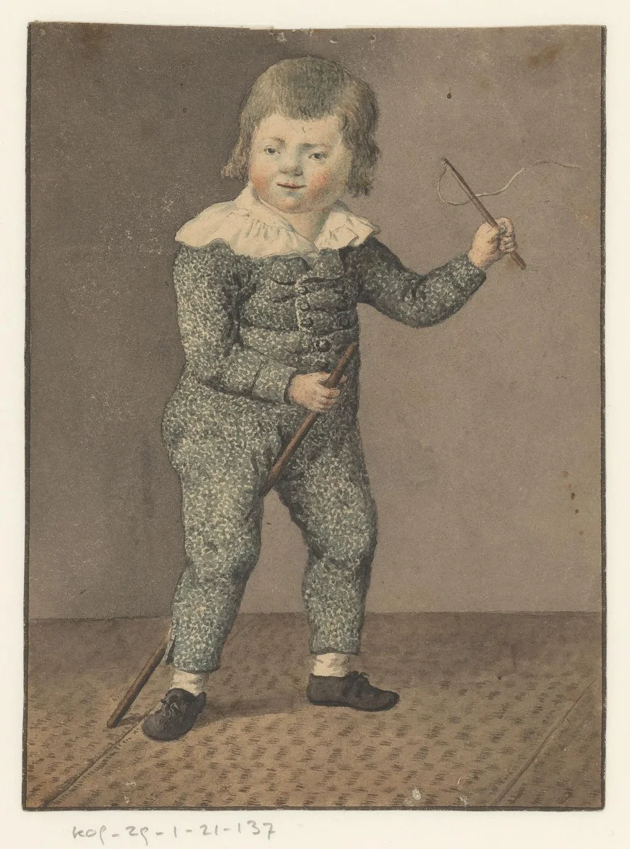Jongen speelt met twee stokken by anonymous, drawing, 1750-1799