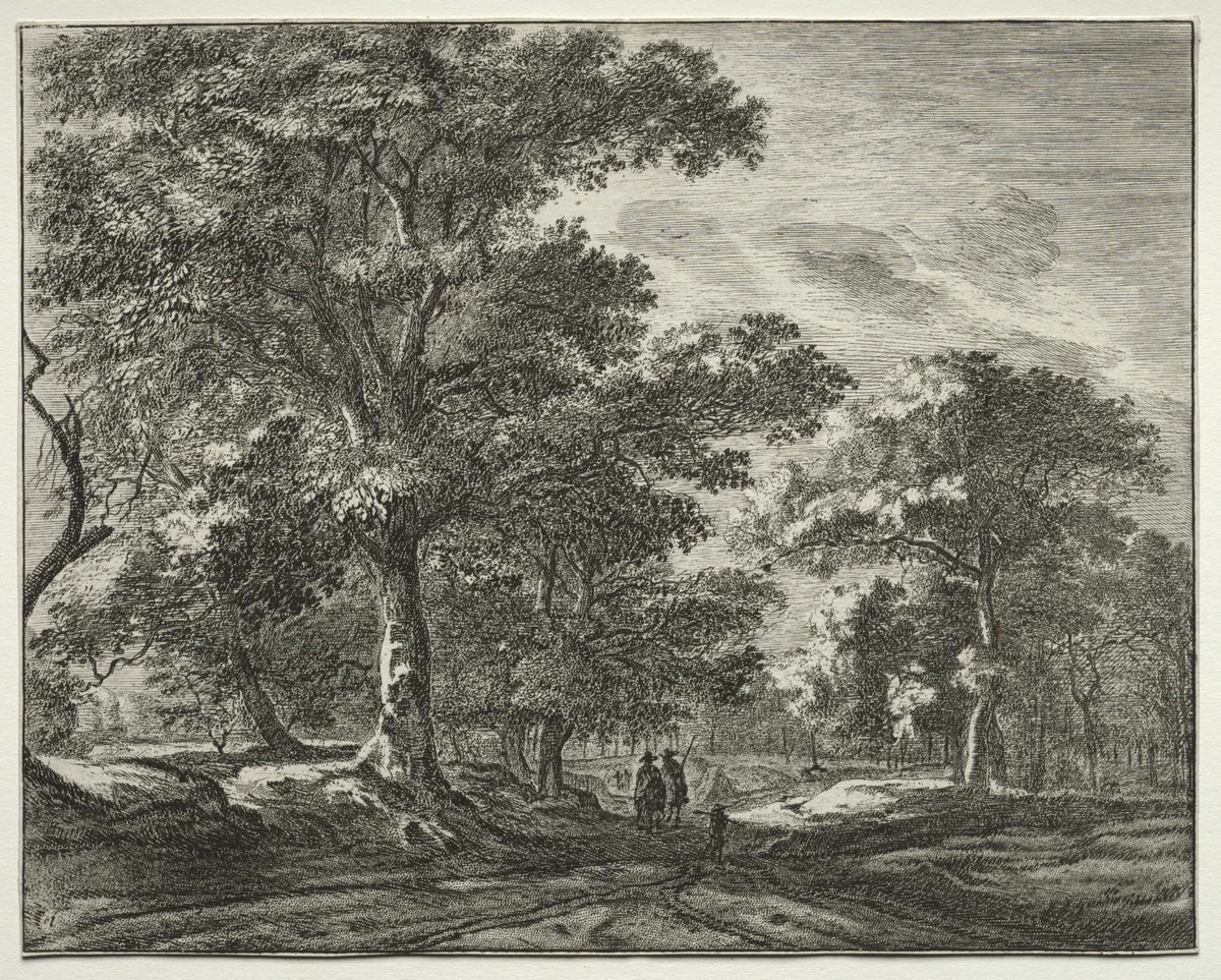 Six views in the Wood of the Hague: Plate 1, Two Men Preceded by a Hunter by Roelant Roghman, print, 1640-1652