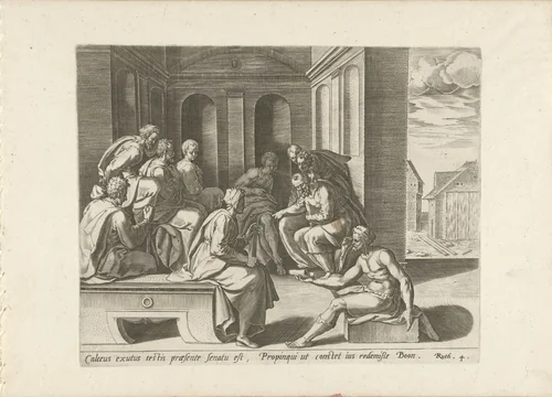 Boaz koopt het land van Ruth en Naomi by Philips Galle, print, 1557-1591