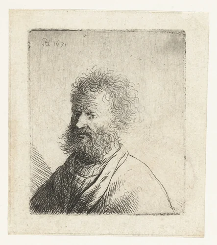 Man with square beard and curly hair: bust by Rembrandt van Rijn, print, 1631