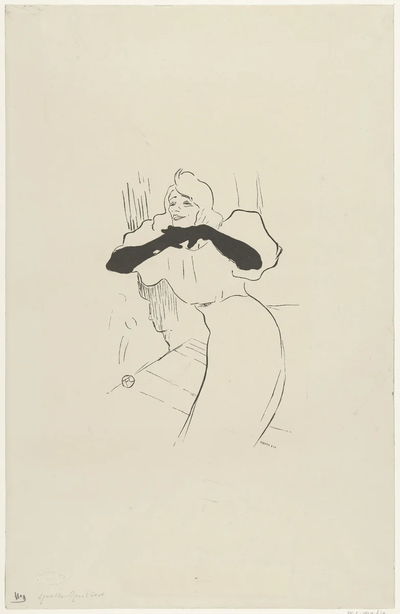 Portret van actrice Yvette Guilbert bij haar optreden in Linger longer loo by anonymous, photograph, 1894