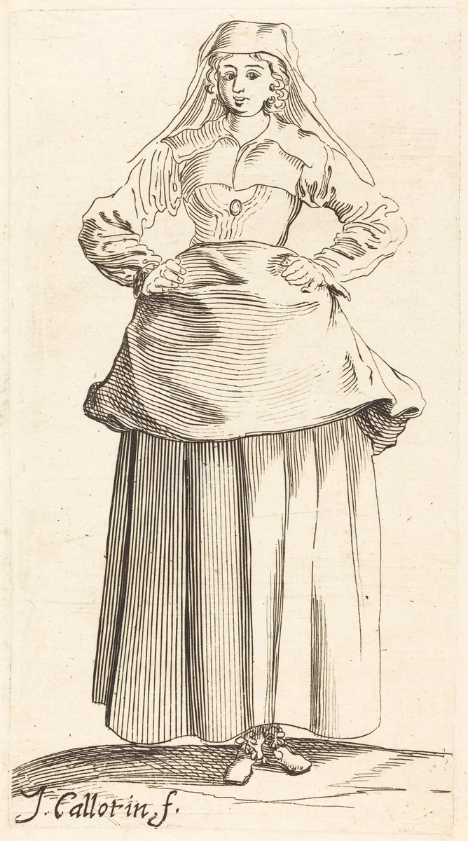 Young Woman with Hands on Hips, Front View by Israel Henriet; Jacques Callot, print, 1590-1661
