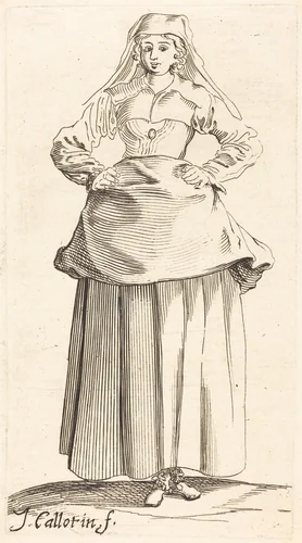 Young Woman with Hands on Hips, Front View by Israel Henriet; Jacques Callot, print, 1590-1661