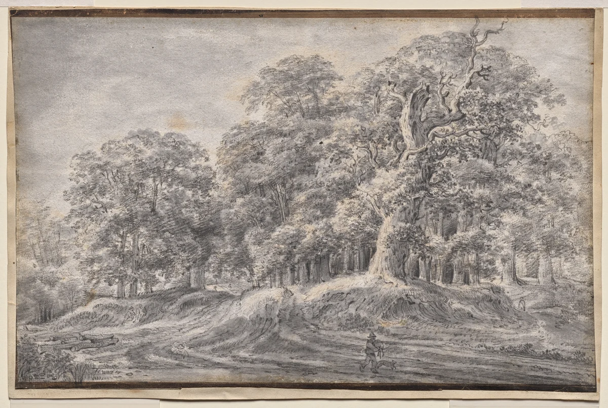 A Track on the Edge of a Wood with a Peasant Carrying Sheep by Anthonie Waterloo, drawing, 1635-1645