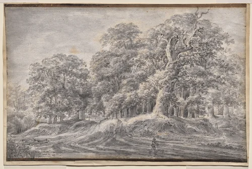 A Track on the Edge of a Wood with a Peasant Carrying Sheep by Anthonie Waterloo, drawing, 1635-1645
