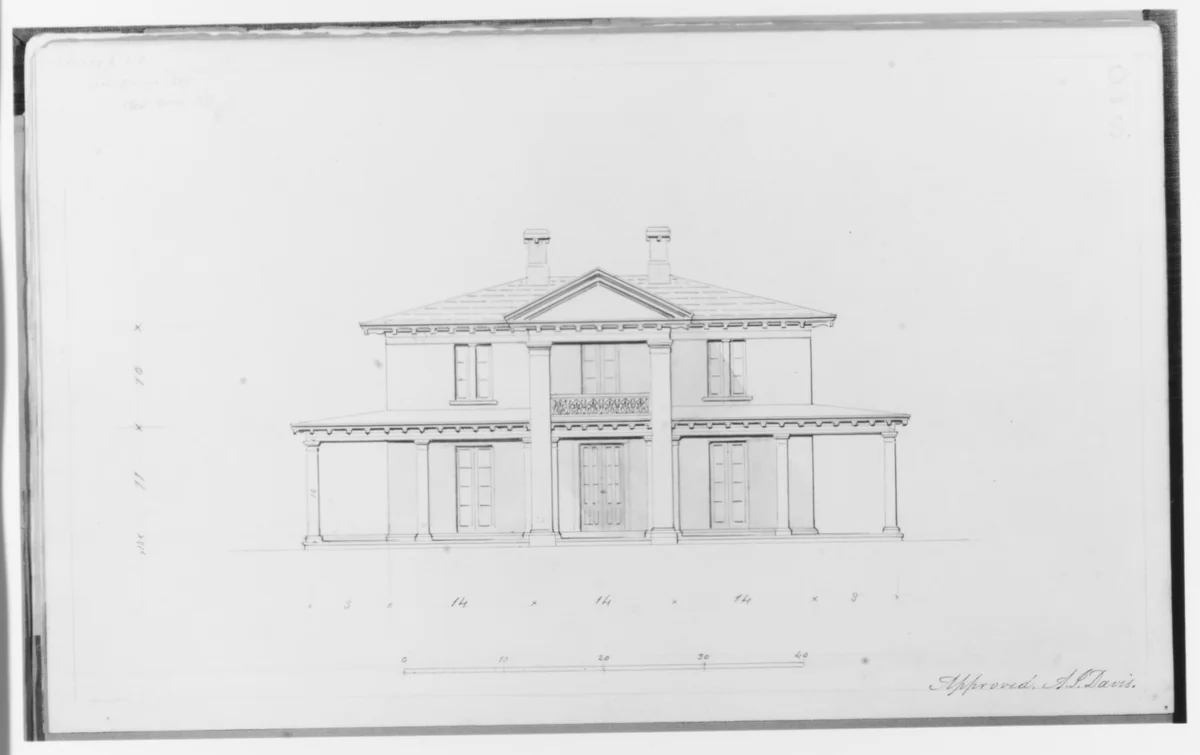Chamberlin House, Red Hook, Brooklyn, New York (elevation entrance façade) by Alexander Jackson Davis, drawing, 1849