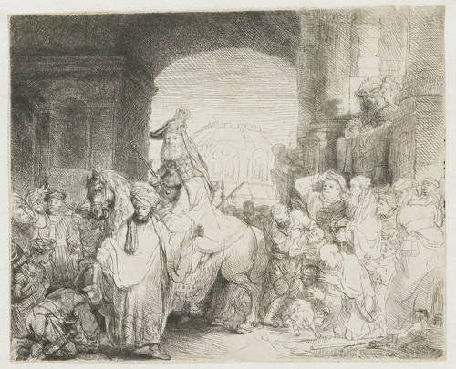 The triumph of Mordecai by Rembrandt van Rijn, print, 1641