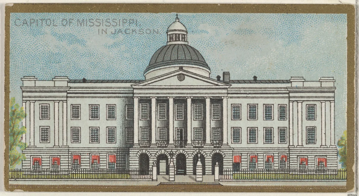 Capitol of Mississippi in Jackson, from the General Government and State Capitol Buildings series (N14) for Allen & Ginter Cigarettes Brands by Allen & Ginter, print, 1889