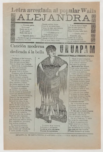 Broadsheet with two love ballads about desirable women, a woman wearing a shawl and a skirt with her hands placed on her hips by José Guadalupe Posada, print, 1911-1921