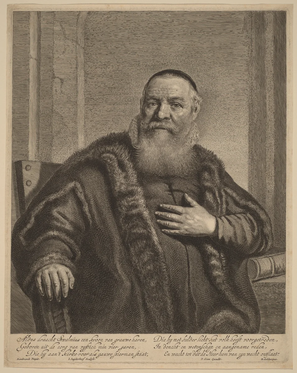 Eleazer Swalmius by Jonas Suyderhoff; Rembrandt van Rijn; Pieter Goos, print, 1647-1657