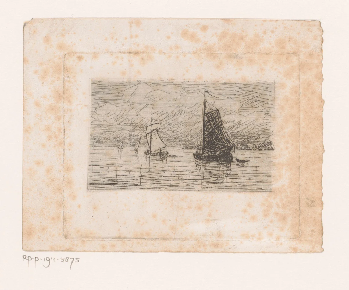 Zeilboten op open water by Adrien Le Mayeur, print, 1854-1911