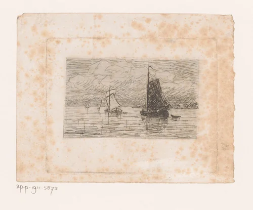 Zeilboten op open water by Adrien Le Mayeur, print, 1854-1911