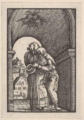 Meeting of Joachim and Anna at the Golden Gate, from "The Fall and Salvation of Mankind Through the Life and Passion of Christ" by Albrecht Altdorfer, print, 1508-1518