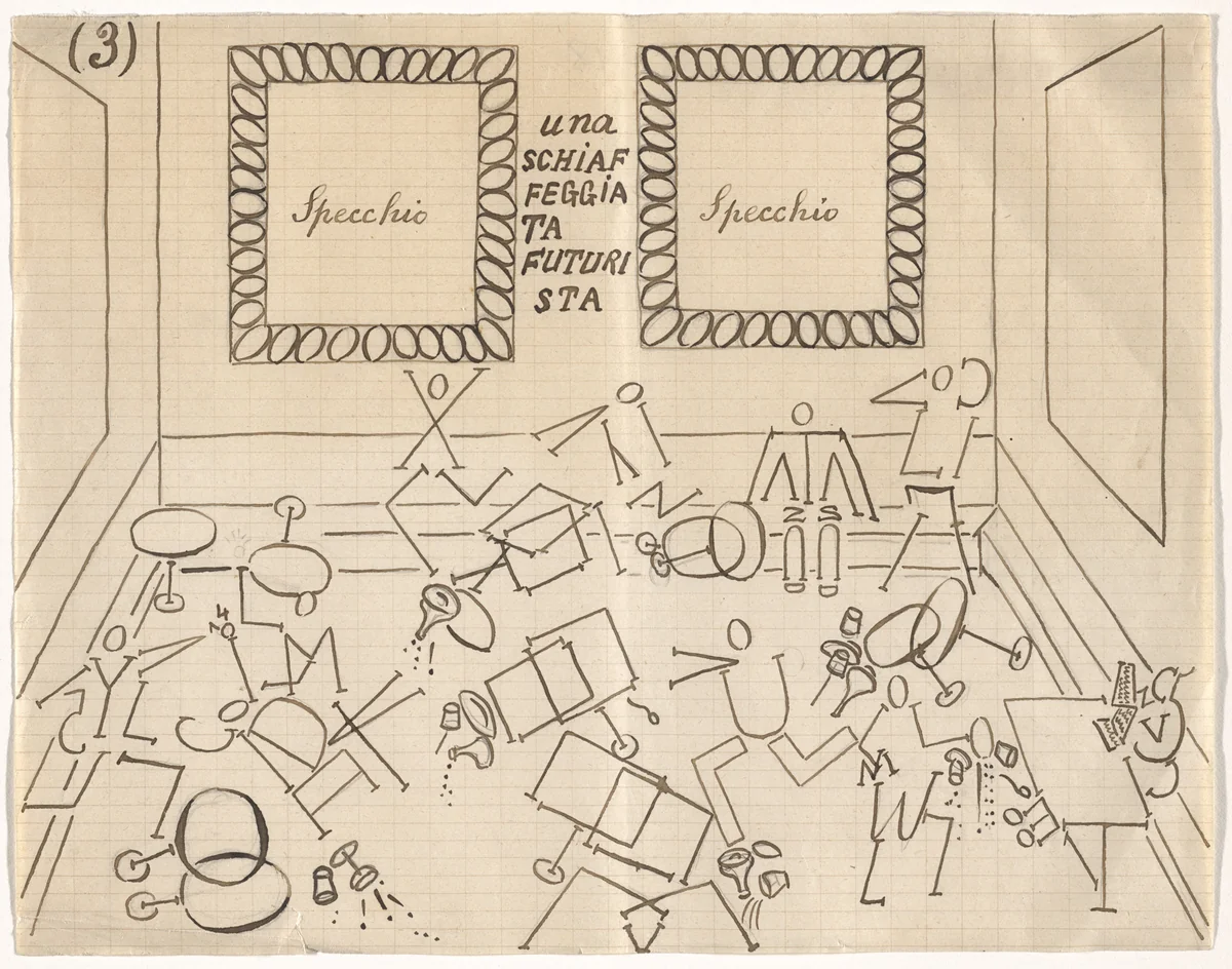 A Futurist Scuffle (Una schiaffeggiata futurista) by Pasqualino Cangiullo, drawing, 1916