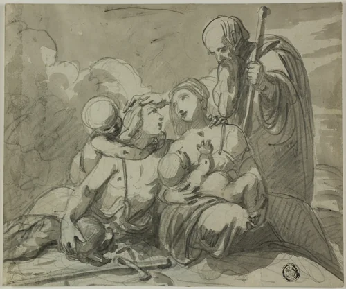 Holy Family with Warrior Saint by Unknown Artist, drawing, 1700-1799