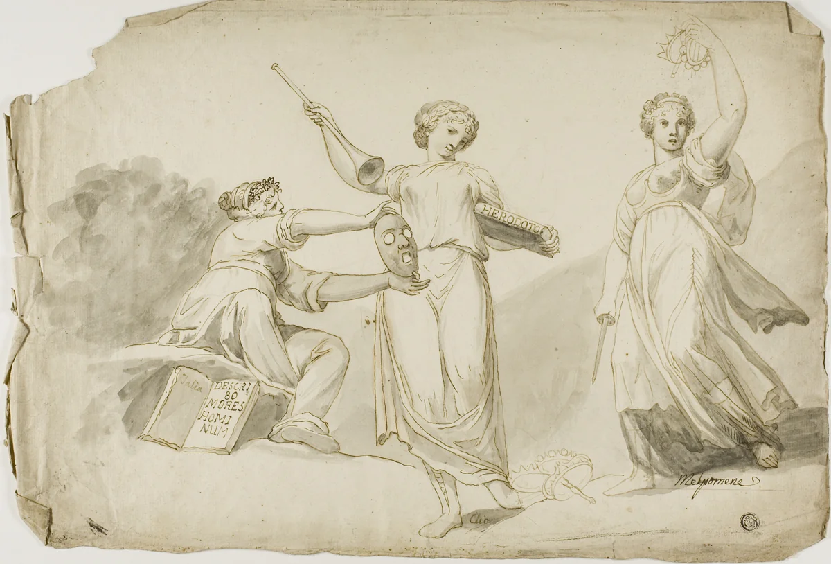 Thalia, Clio, and Melpomene by Giovanni Battista Cipriani, drawing, 1700-1799
