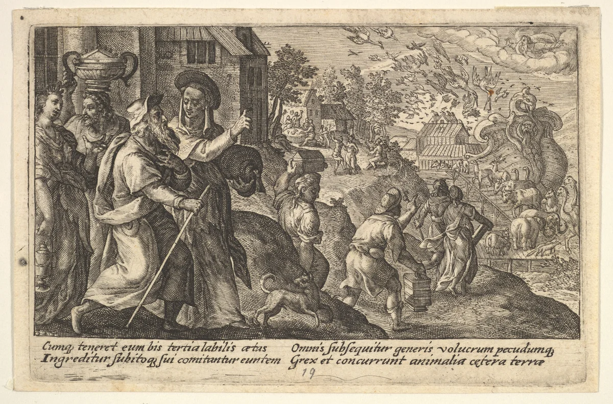 Entry into the ark: Noah and his family walk toward the ark in the background, pairs of animals walk up a ramp leading into the ark, from "Liber Genesis" by Crispijn de Passe, print, 1612
