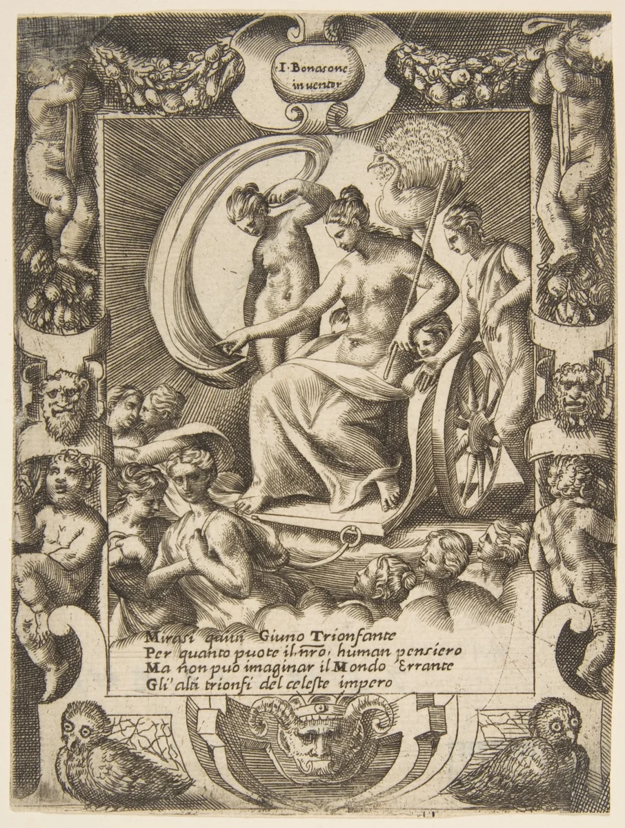The triumph of Juno who is sat in a carriage, set within a elaborate frame, from "Loves, Rages and Jealousies of Juno" by Giulio Bonasone, print, 1531-1576