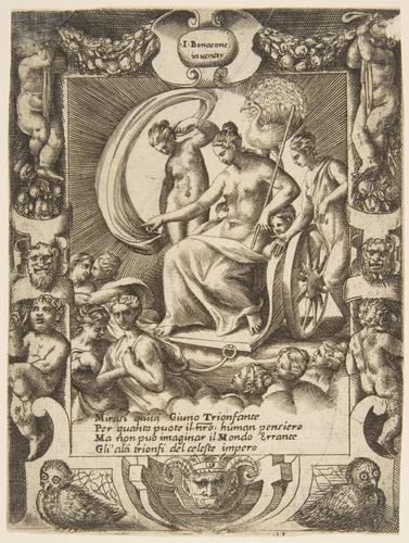 The triumph of Juno who is sat in a carriage, set within a elaborate frame, from "Loves, Rages and Jealousies of Juno" by Giulio Bonasone, print, 1531-1576