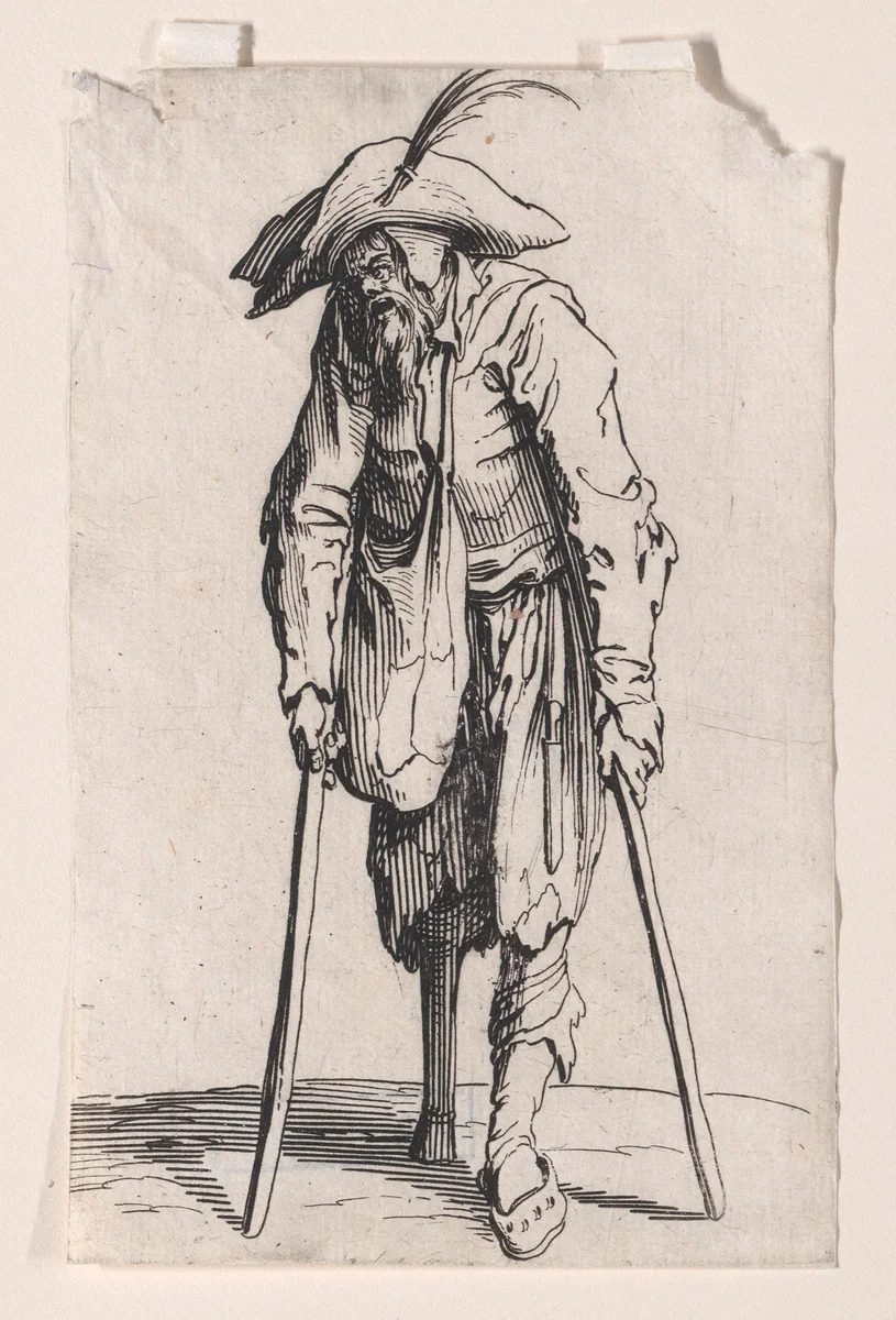 Le Mendiant a la Jambe de Bois (The Beggar with the Wooden Leg), from "Les Gueux suite appelée aussi Les Mendiants, Les Baroni, ou Les Barons" (The Beggars, also called the Barons) by Jacques Callot, print, 1618-1628