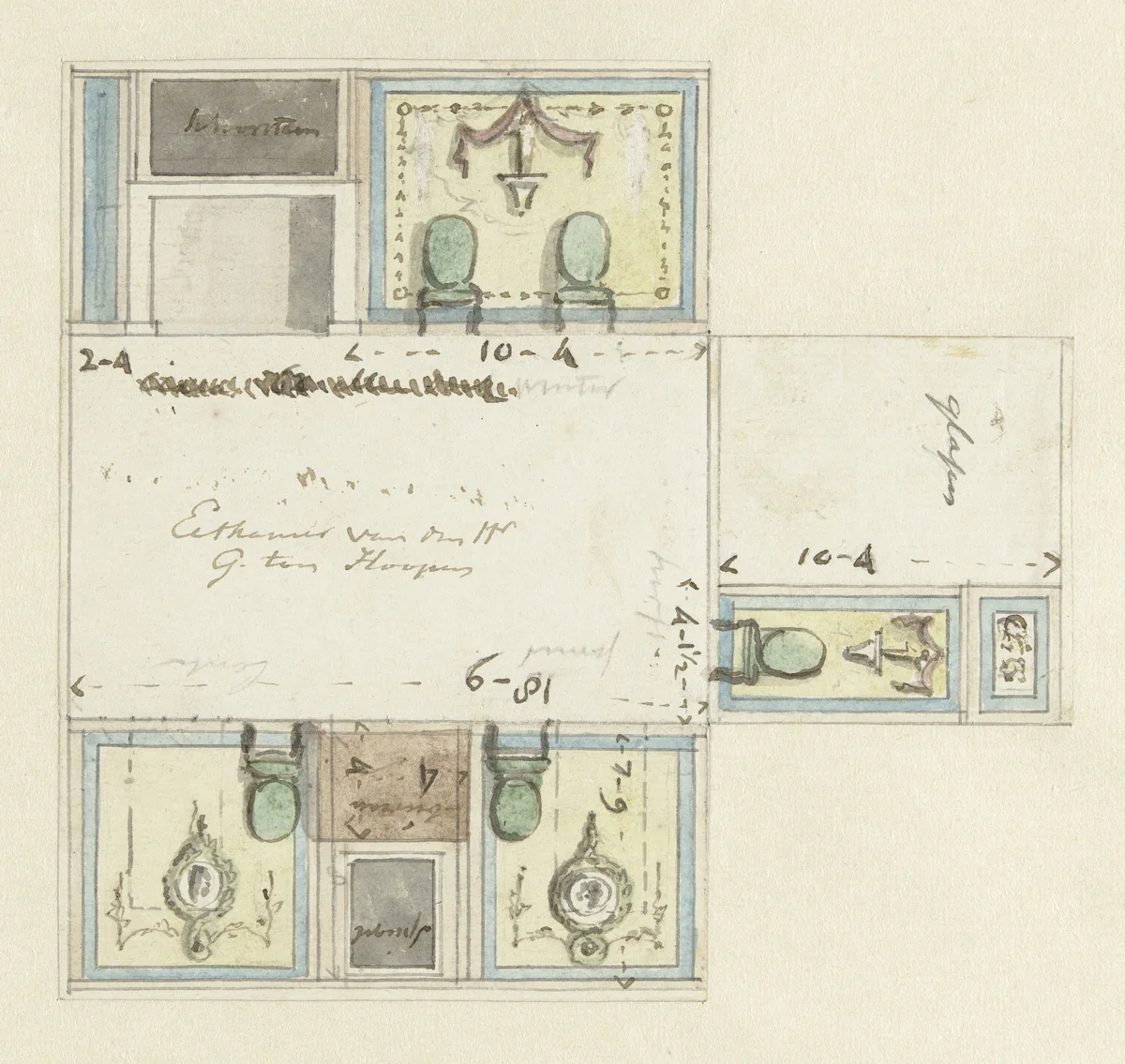 Ontwerp voor decoratie op drie wanden van de eetkamer van G. ten Hoopen by Jurriaan Andriessen, drawing, 1752-1819