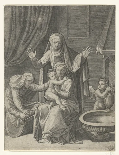 Maria met kind en heiligen Anna en Elisabet bij wieg en engel met waterkan bij schaal met water by Unknown, print, 1518-1527