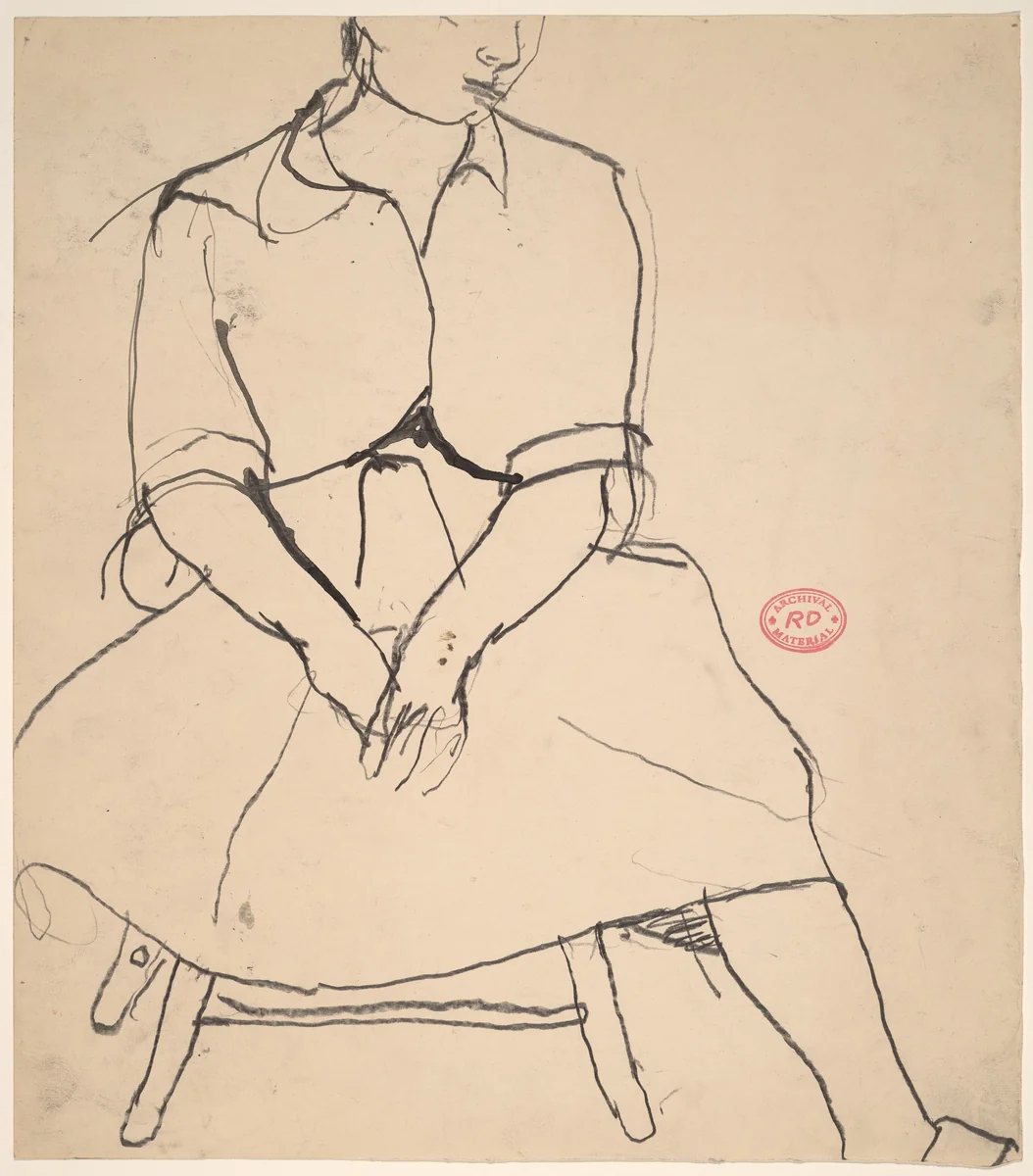 Untitled [woman in a shirt and skirt seated on a stool] by Richard Diebenkorn, drawing, 1955-1967