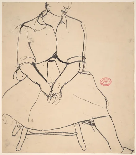 Untitled [woman in a shirt and skirt seated on a stool] by Richard Diebenkorn, drawing, 1955-1967