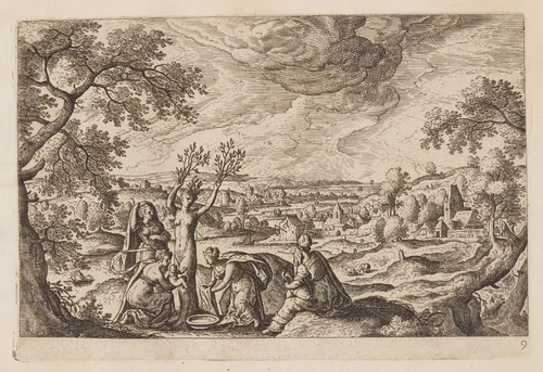 Plate 9, from Landscapes with Scenes from the Old and New Testament and Ovid’s Metamorphoses by Hans Bol, print, 1574