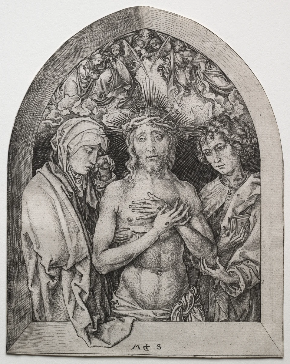 Christ as the Man of Sorrows between the Virgin and St. John by Martin Schongauer, print, 1465-1480