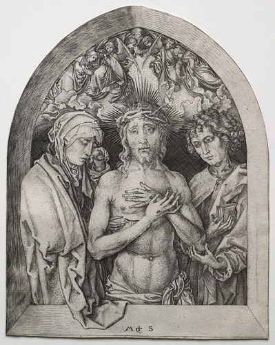 Christ as the Man of Sorrows between the Virgin and St. John by Martin Schongauer, print, 1465-1480