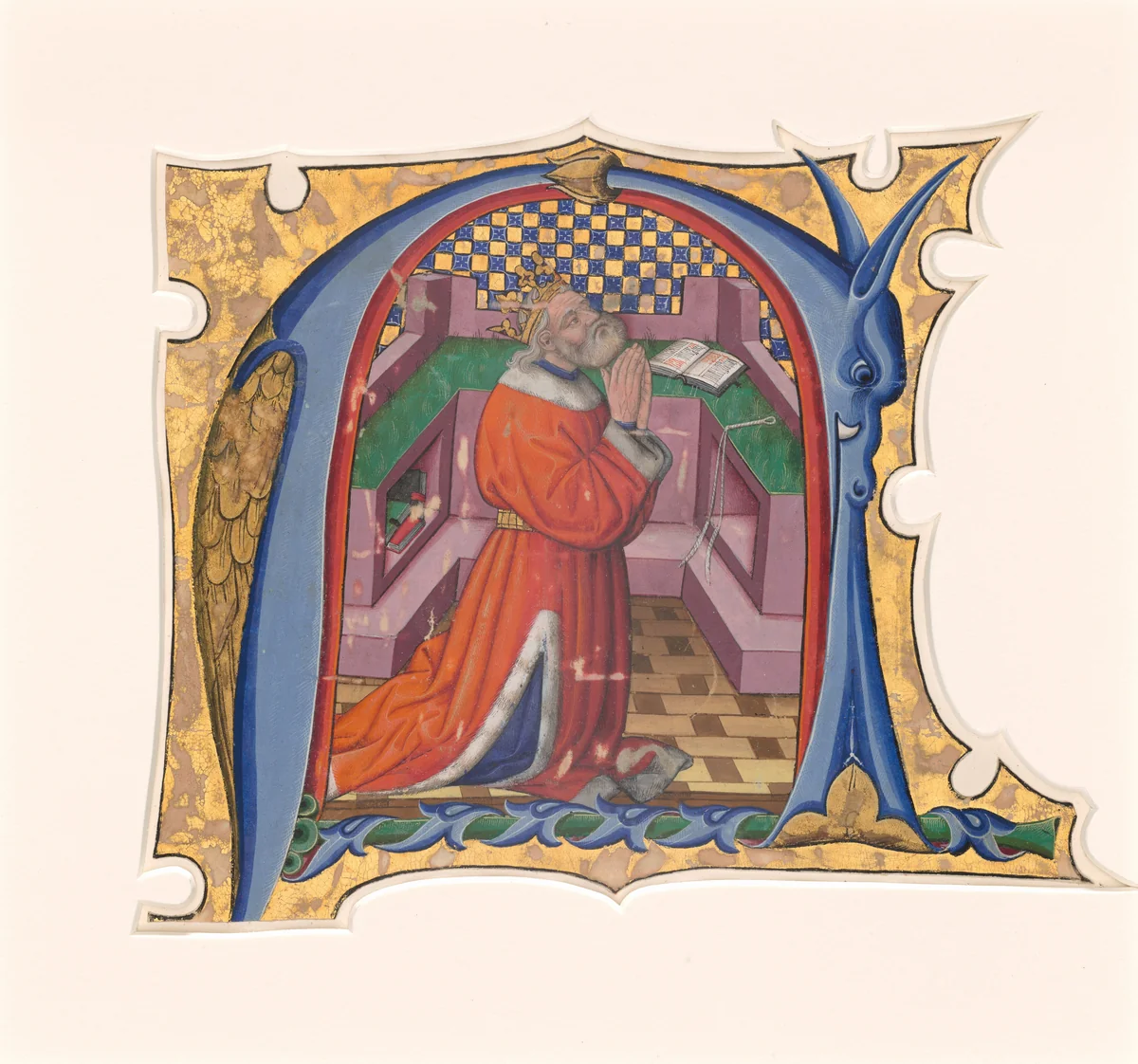 Initial N (?) with David in Prayer by Master of the Cypresses, drawing, 1430-1440
