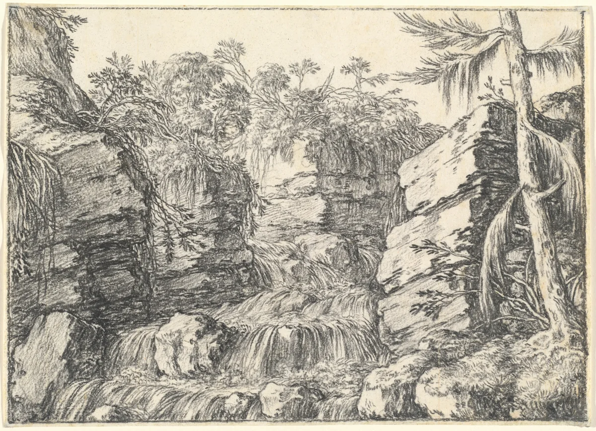A Waterfall between Rocky Cliffs by Jonas Umbach, drawing, 1624-1693
