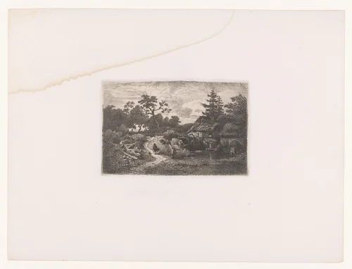 Bosgezicht met een wandelaar en een watermolen by Andreas Achenbach, print, 1862