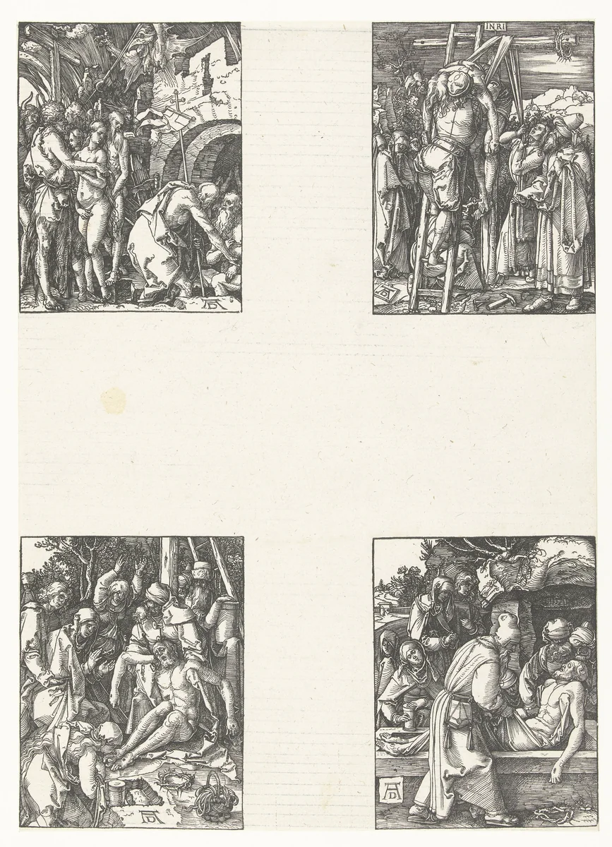 Afdaling in het voorgeborchte, Kruisafneming, Bewening, Graflegging by Unknown, print, 1509-1510