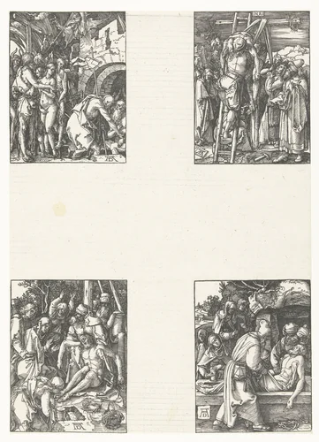 Afdaling in het voorgeborchte, Kruisafneming, Bewening, Graflegging by Unknown, print, 1509-1510