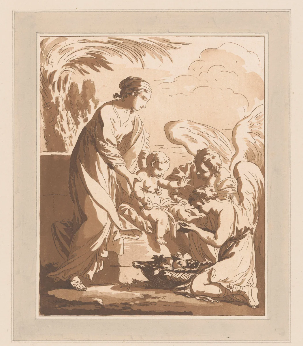 Aanbidding der engelen by Jean Baptist Leprince, print, 1744-1781