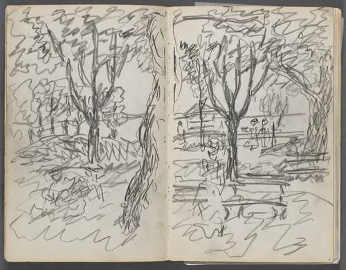 Sketchbook, The Dells, N° 127, page 008 & 9: Landscape by Maurice Prendergast, book, 1919-1921